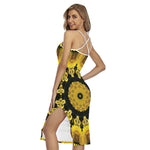 Yellow Flower Kaleidoscope Print Cross Back Cami Dress
