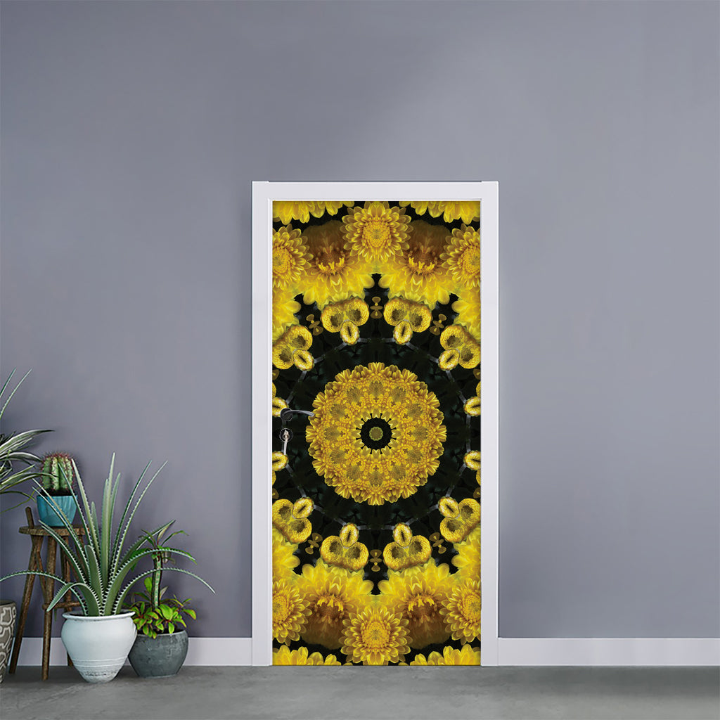Yellow Flower Kaleidoscope Print Door Sticker