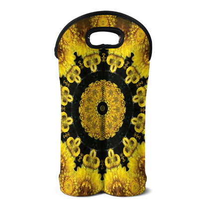 Yellow Flower Kaleidoscope Print Double Neoprene Wine Tote