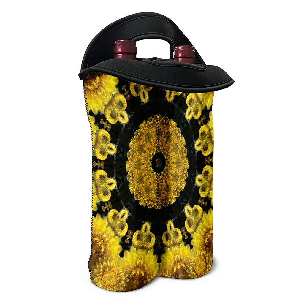 Yellow Flower Kaleidoscope Print Double Neoprene Wine Tote