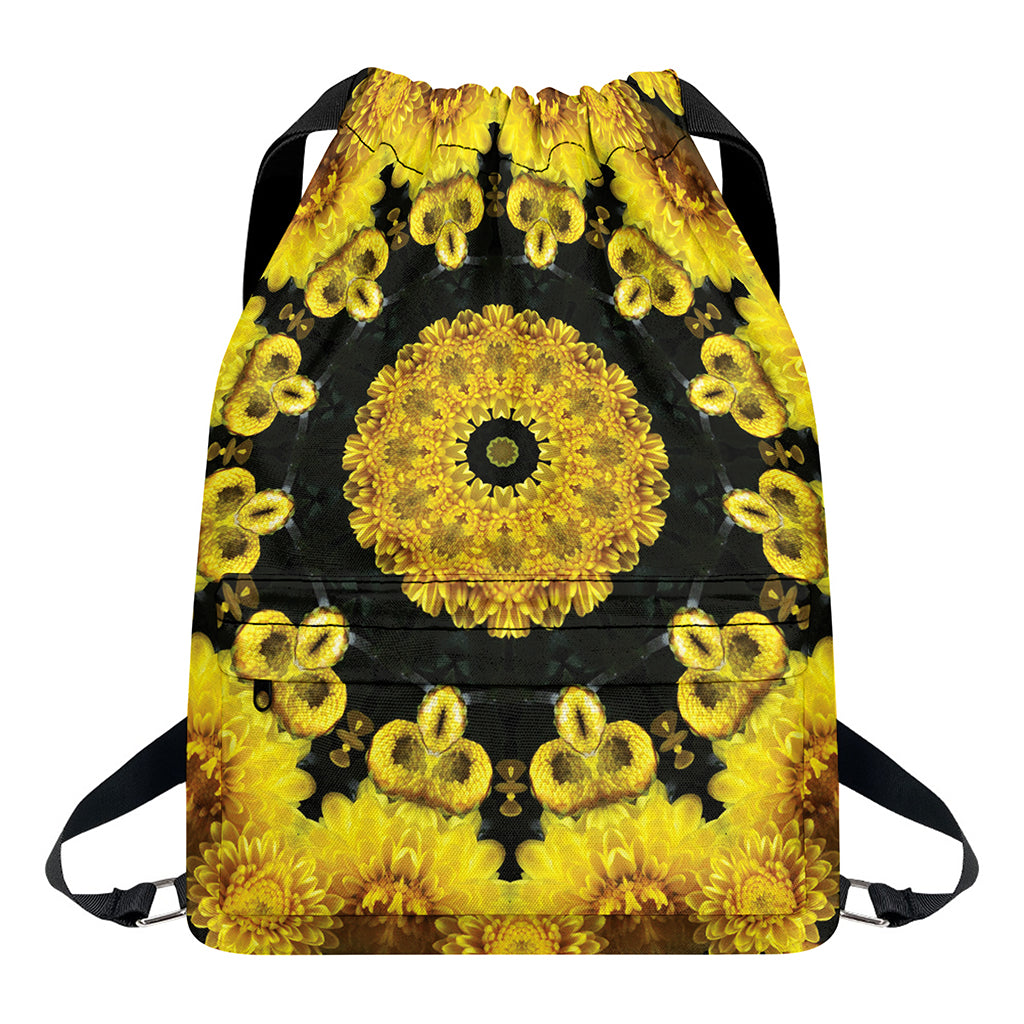 Yellow Flower Kaleidoscope Print Drawstring Backpack