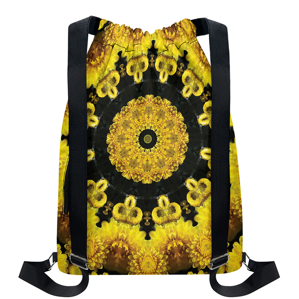 Yellow Flower Kaleidoscope Print Drawstring Backpack