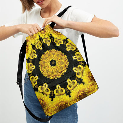 Yellow Flower Kaleidoscope Print Drawstring Backpack