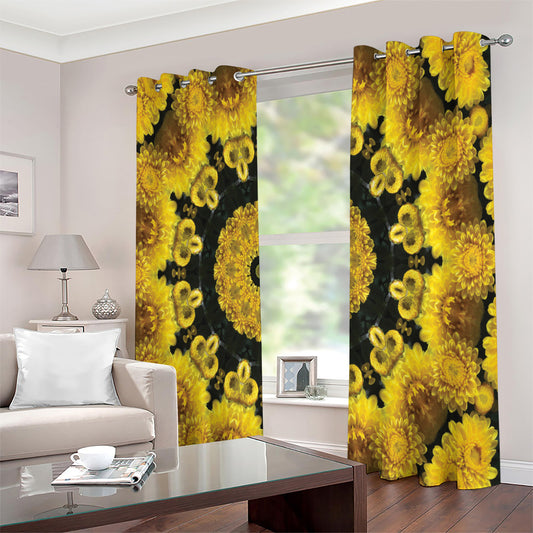 Yellow Flower Kaleidoscope Print Extra Wide Grommet Curtains