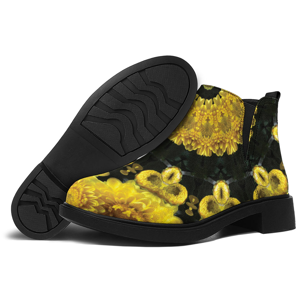 Yellow Flower Kaleidoscope Print Flat Ankle Boots