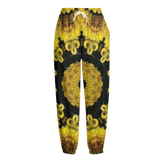 Yellow Flower Kaleidoscope Print Fleece Lined Knit Pants