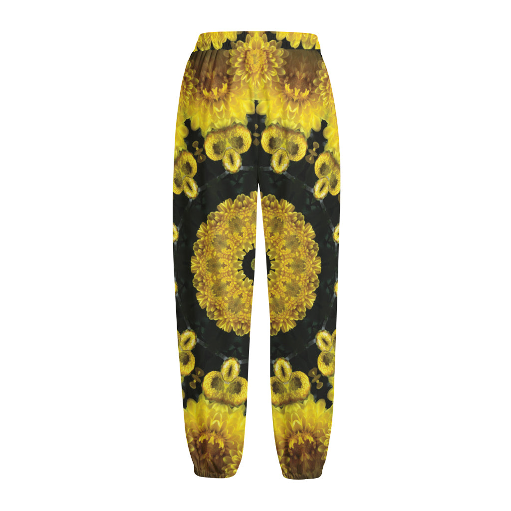 Yellow Flower Kaleidoscope Print Fleece Lined Knit Pants