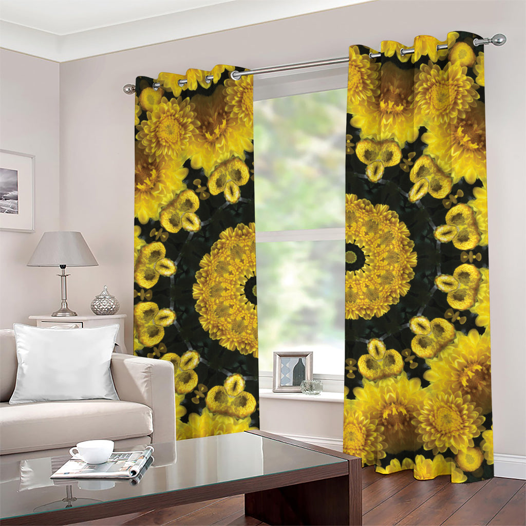 Yellow Flower Kaleidoscope Print Grommet Curtains