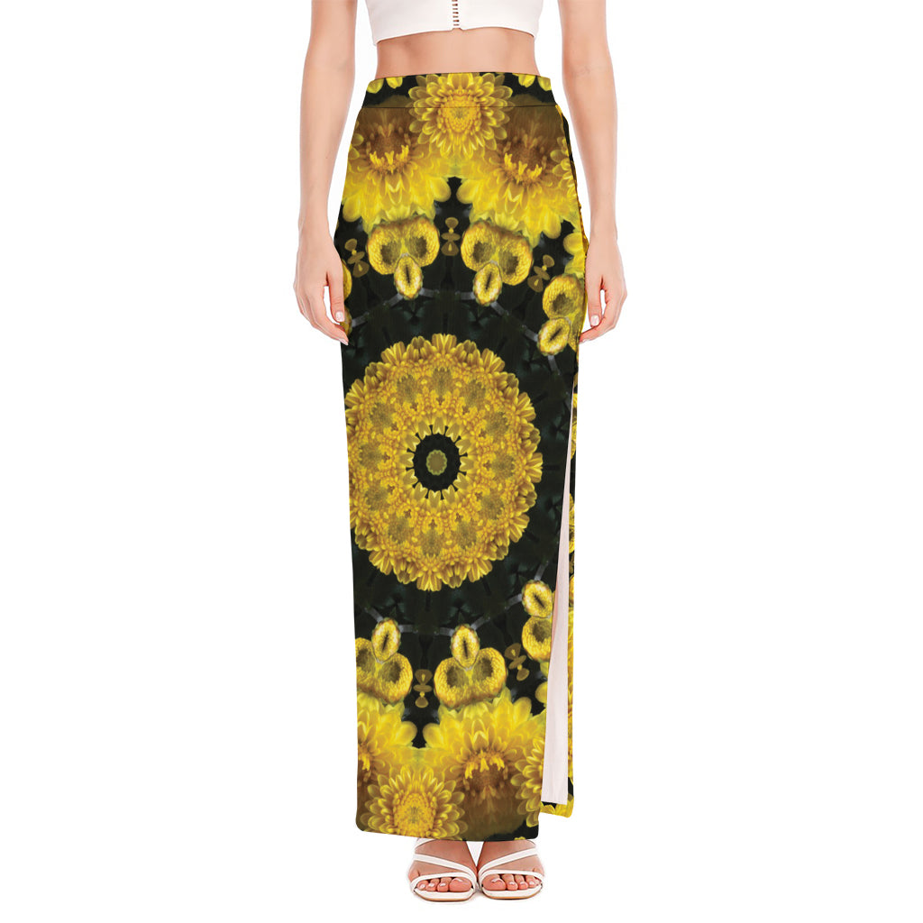 Yellow Flower Kaleidoscope Print High Slit Maxi Skirt