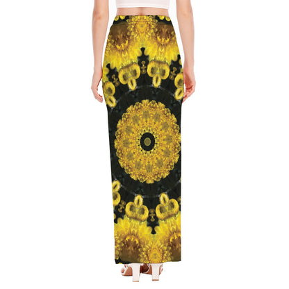 Yellow Flower Kaleidoscope Print High Slit Maxi Skirt
