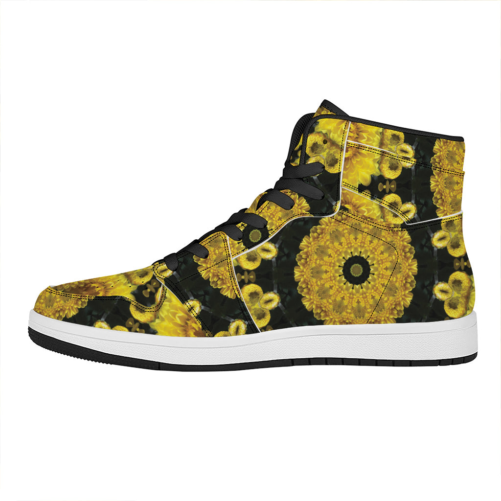 Yellow Flower Kaleidoscope Print High Top Leather Sneakers