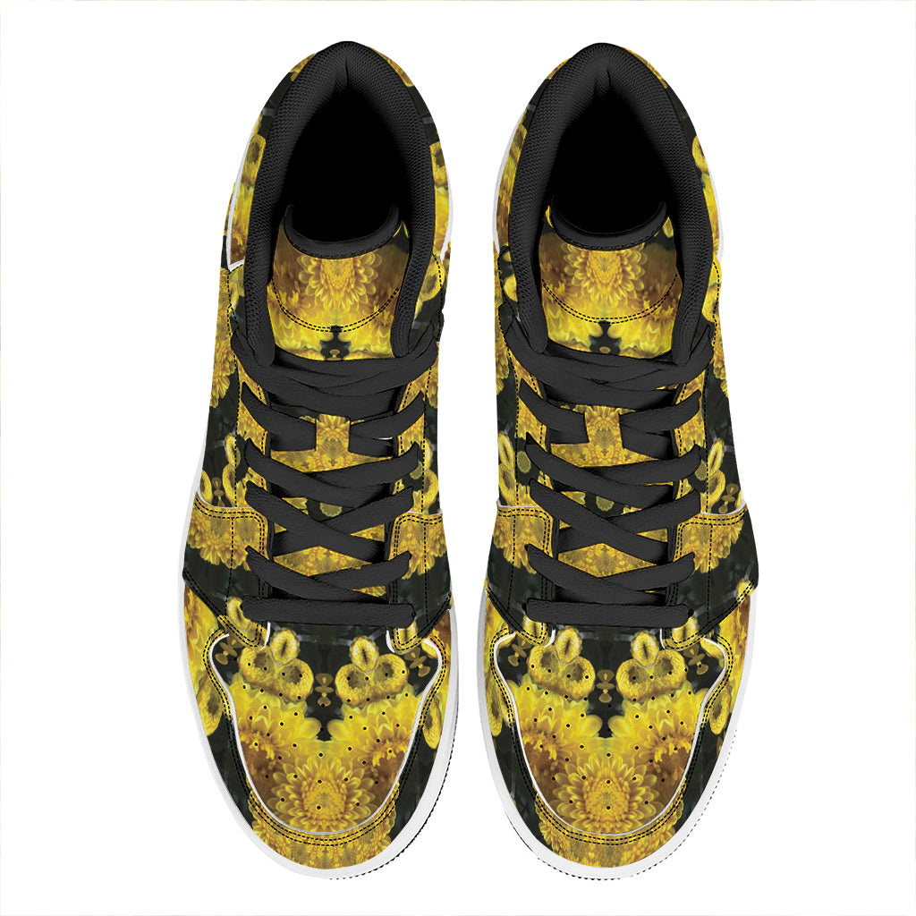Yellow Flower Kaleidoscope Print High Top Leather Sneakers