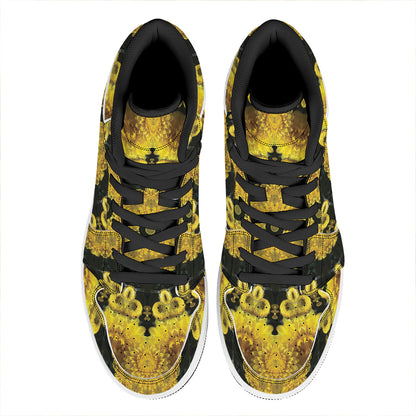 Yellow Flower Kaleidoscope Print High Top Leather Sneakers