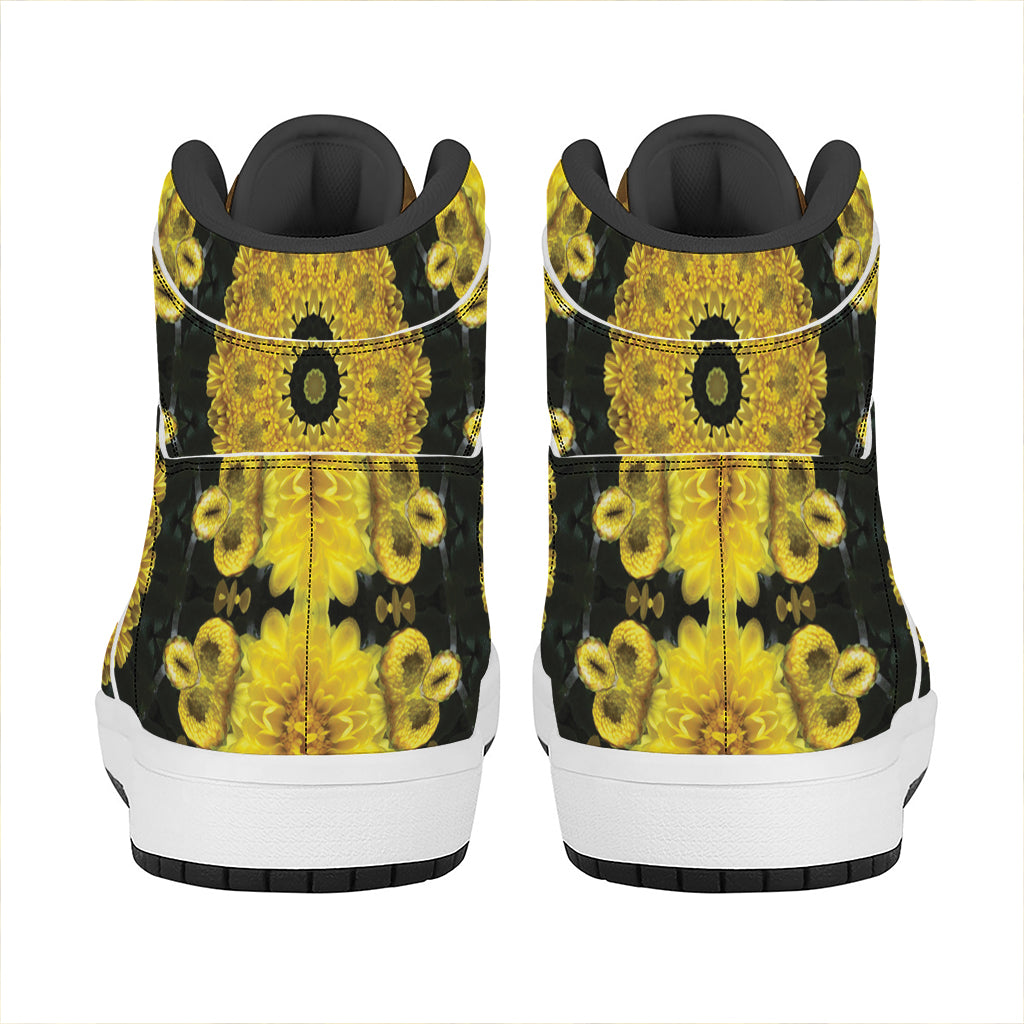 Yellow Flower Kaleidoscope Print High Top Leather Sneakers