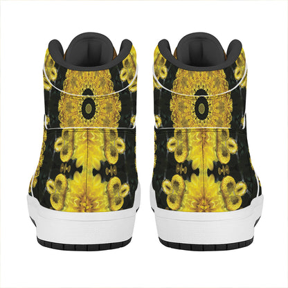 Yellow Flower Kaleidoscope Print High Top Leather Sneakers