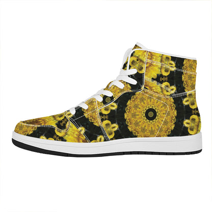 Yellow Flower Kaleidoscope Print High Top Leather Sneakers