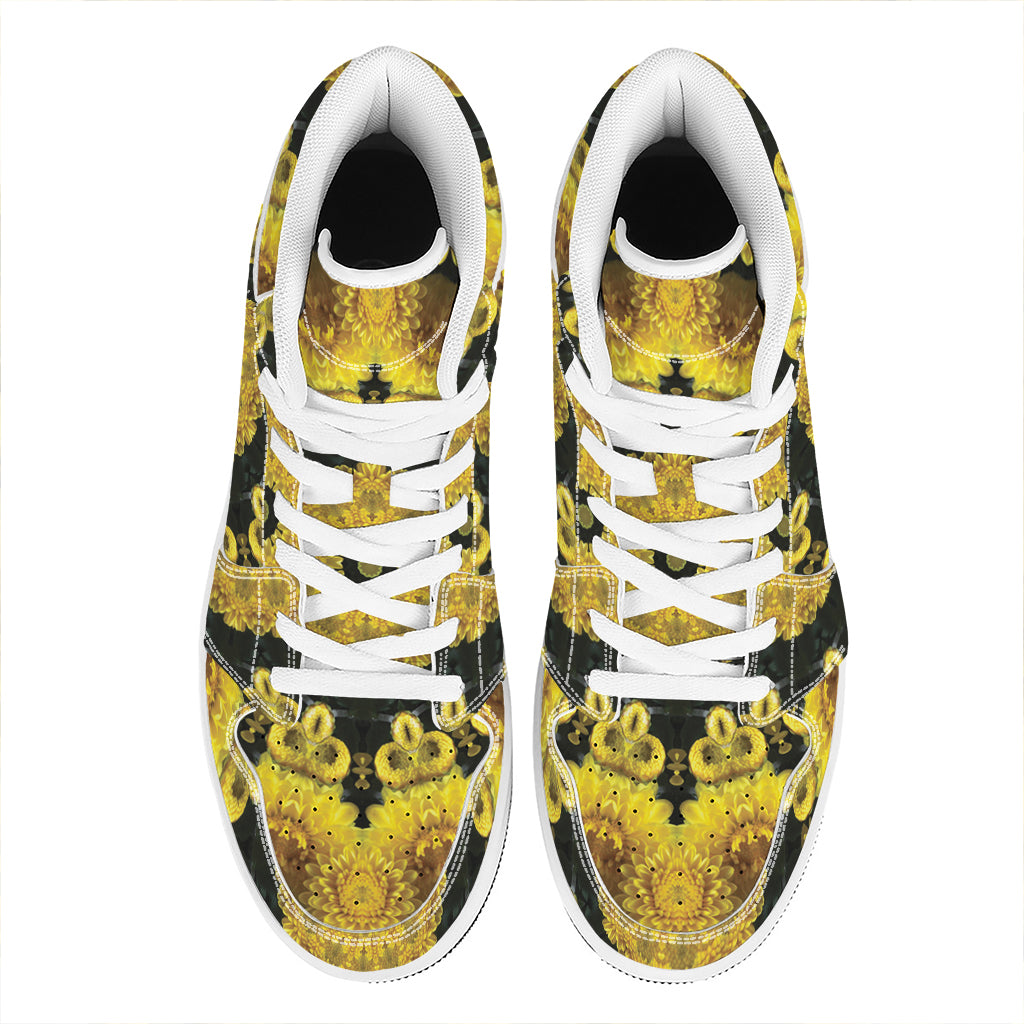 Yellow Flower Kaleidoscope Print High Top Leather Sneakers