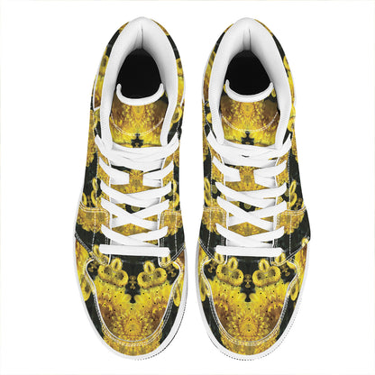 Yellow Flower Kaleidoscope Print High Top Leather Sneakers