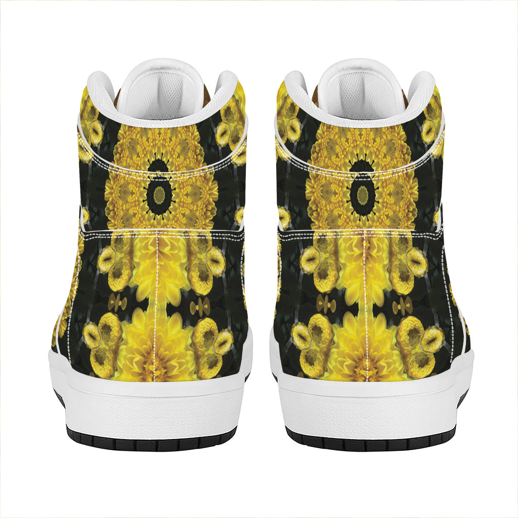 Yellow Flower Kaleidoscope Print High Top Leather Sneakers