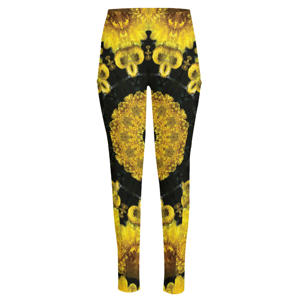 Yellow Flower Kaleidoscope Print High-Waisted Pocket Leggings