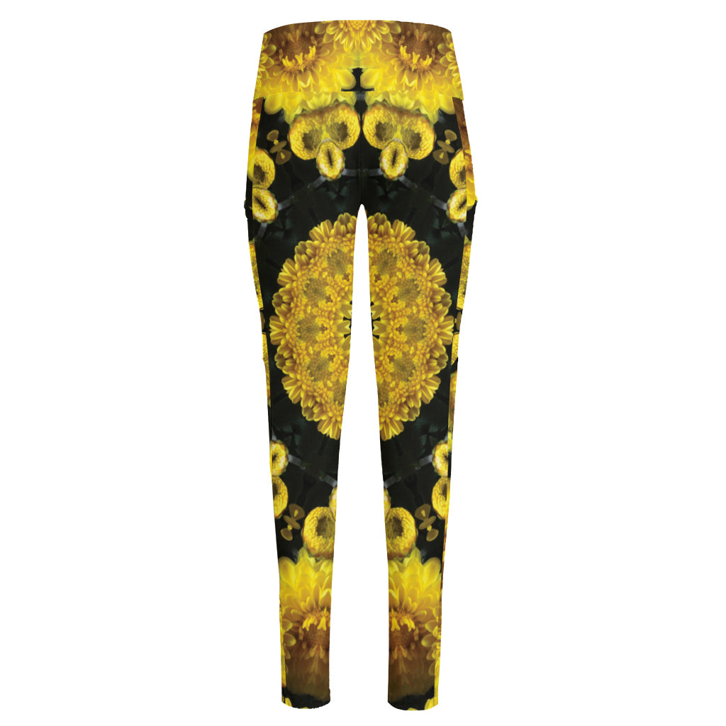 Yellow Flower Kaleidoscope Print High-Waisted Pocket Leggings