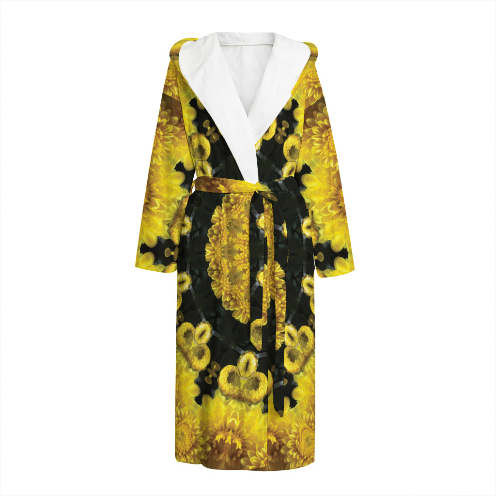 Yellow Flower Kaleidoscope Print Hooded Bathrobe