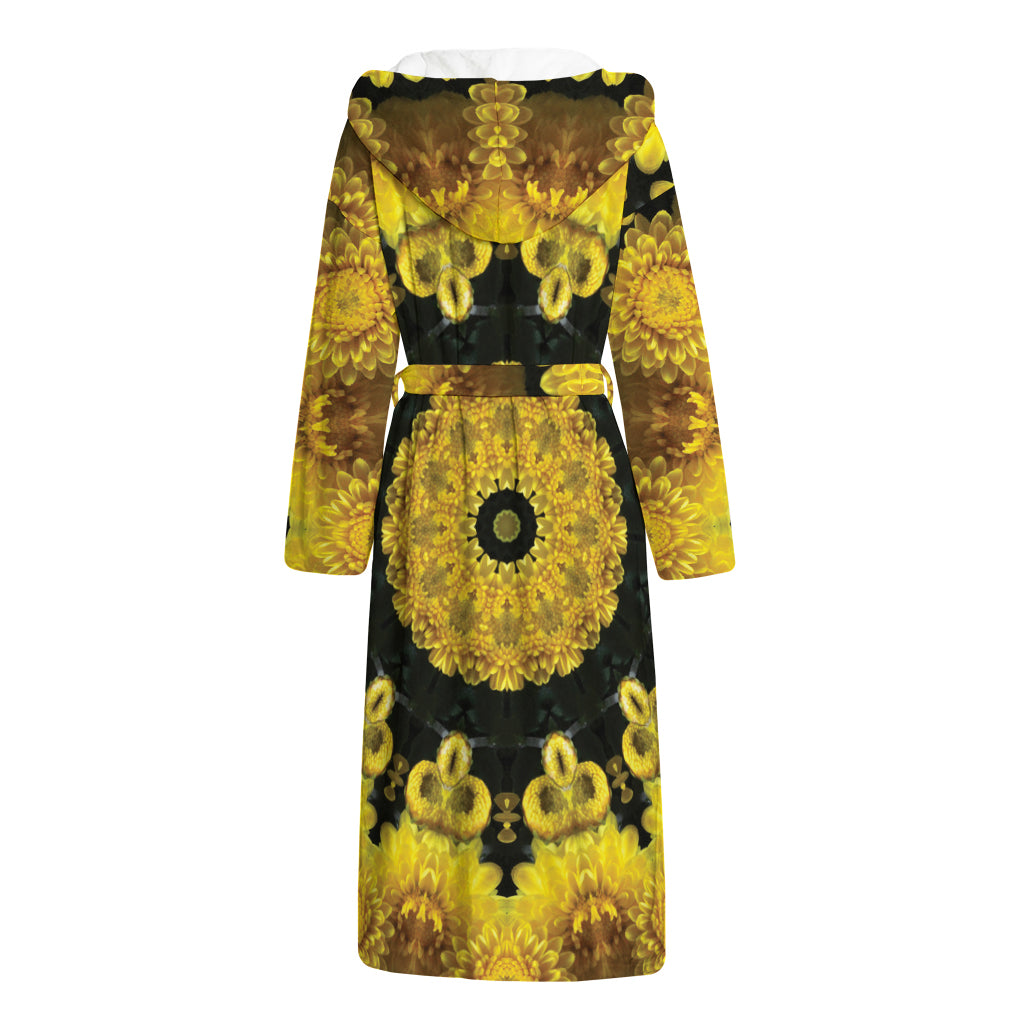 Yellow Flower Kaleidoscope Print Hooded Bathrobe