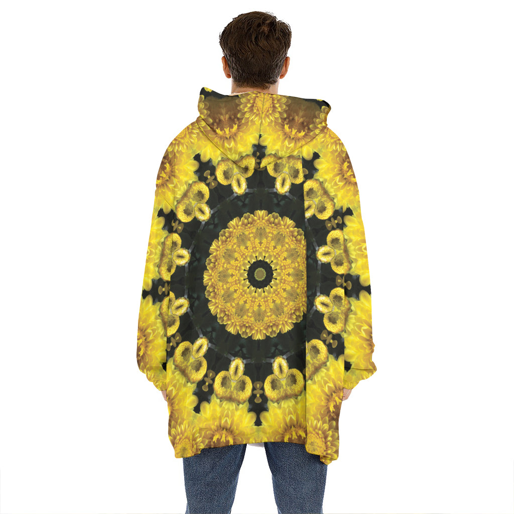 Yellow Flower Kaleidoscope Print Hoodie Blanket
