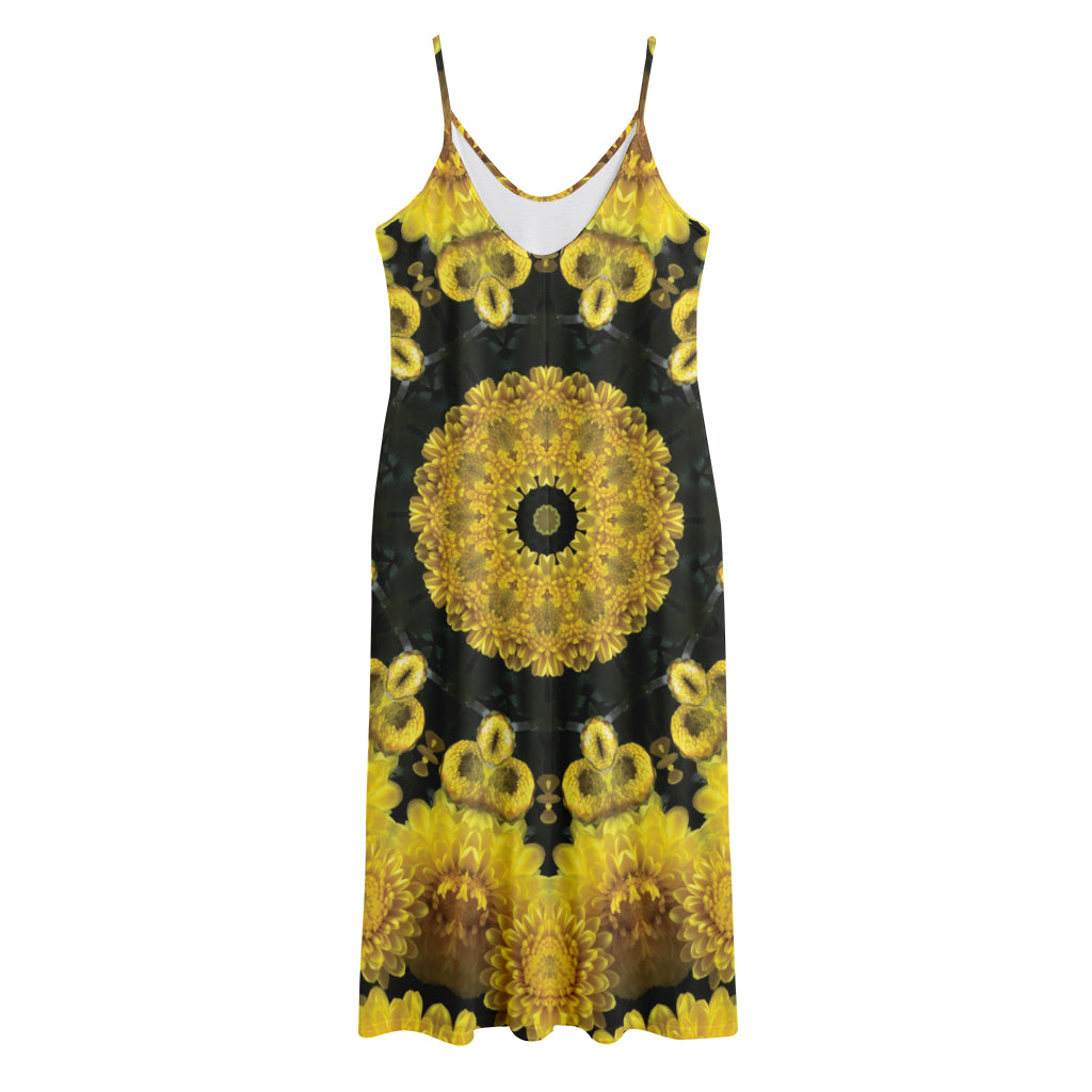 Yellow Flower Kaleidoscope Print Jersey Midi Cami Dress