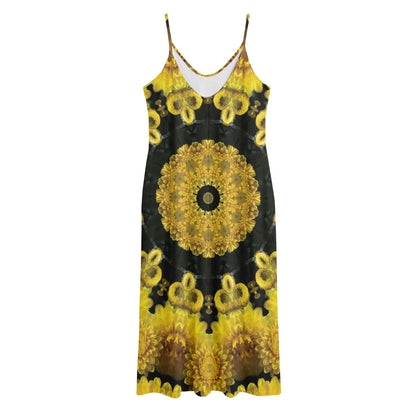 Yellow Flower Kaleidoscope Print Jersey Midi Cami Dress