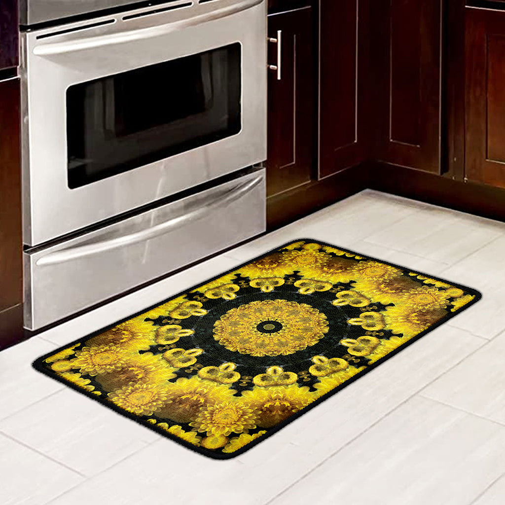 Yellow Flower Kaleidoscope Print Kitchen Mat