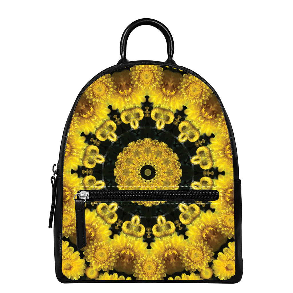 Yellow Flower Kaleidoscope Print Leather Backpack