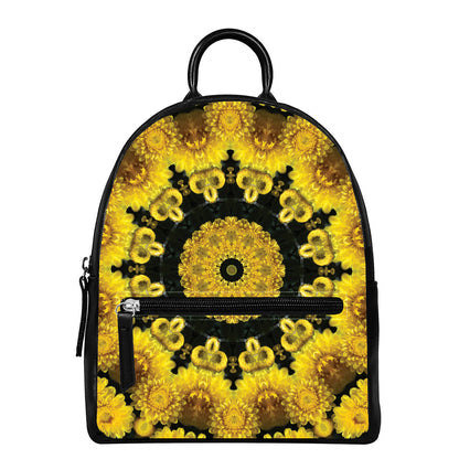 Yellow Flower Kaleidoscope Print Leather Backpack