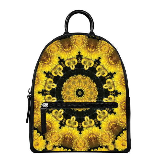 Yellow Flower Kaleidoscope Print Leather Backpack