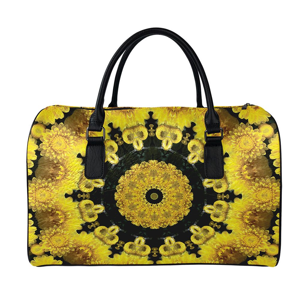 Yellow Flower Kaleidoscope Print Leather Duffle Bag