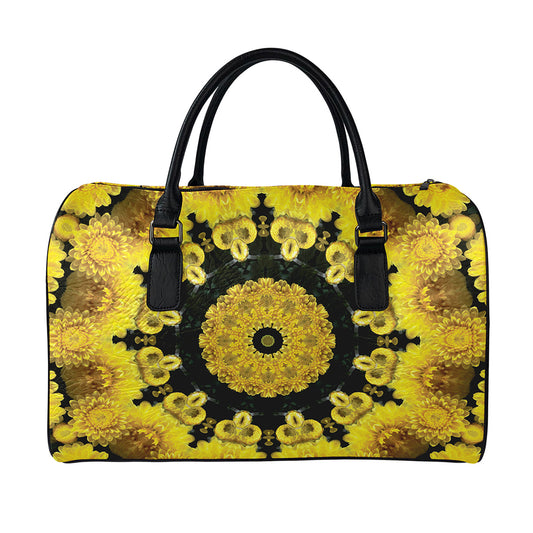 Yellow Flower Kaleidoscope Print Leather Duffle Bag