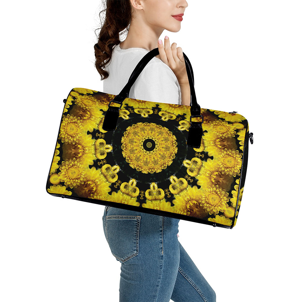 Yellow Flower Kaleidoscope Print Leather Duffle Bag