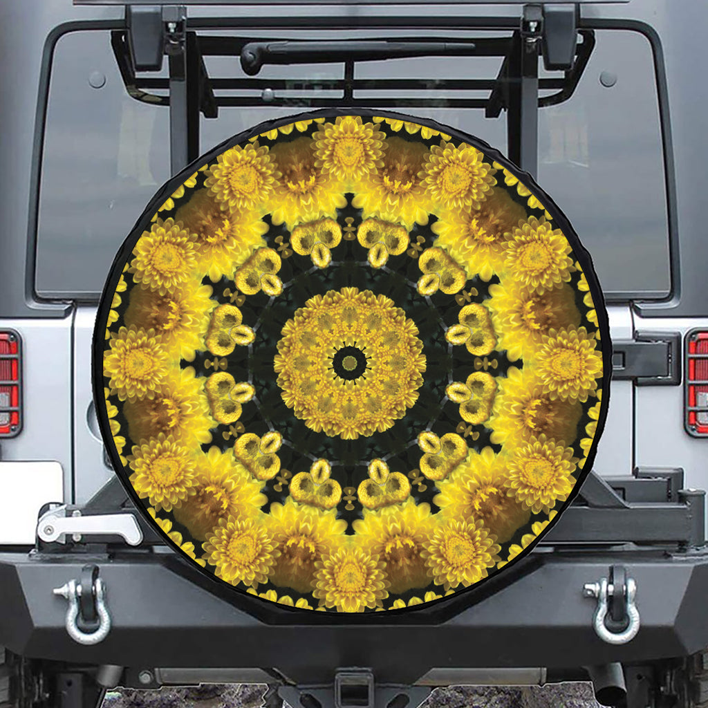 Yellow Flower Kaleidoscope Print Leather Spare Tire Cover