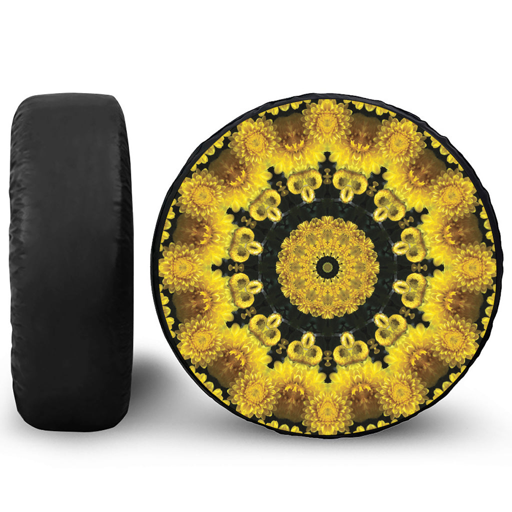 Yellow Flower Kaleidoscope Print Leather Spare Tire Cover