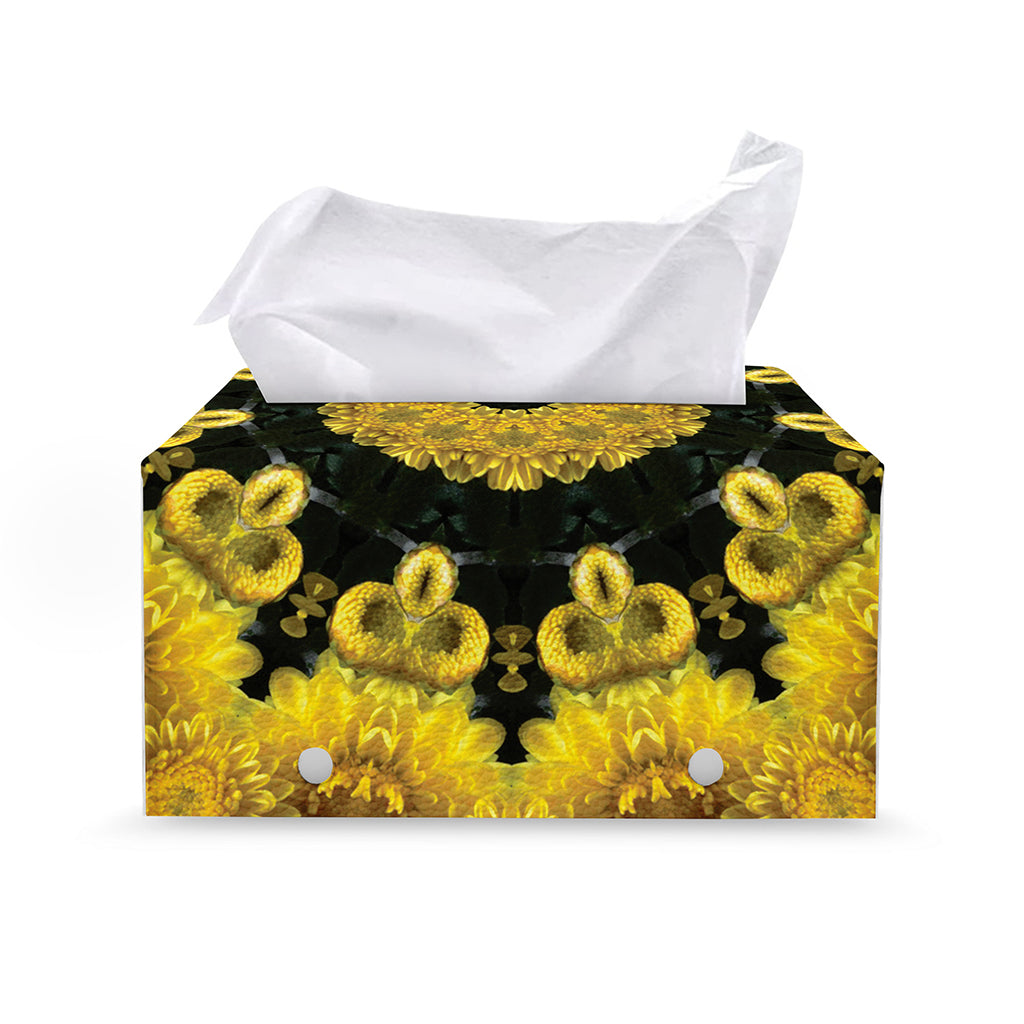 Yellow Flower Kaleidoscope Print Leather Tissue Box Cover