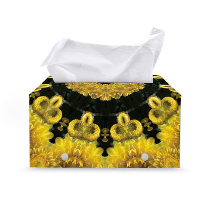 Yellow Flower Kaleidoscope Print Leather Tissue Box Cover