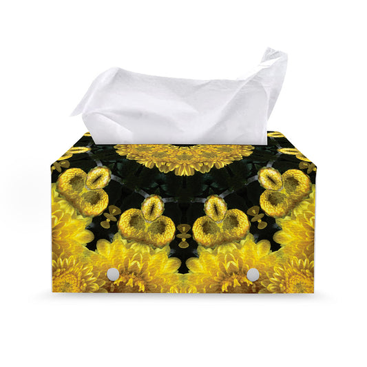Yellow Flower Kaleidoscope Print Leather Tissue Box Cover
