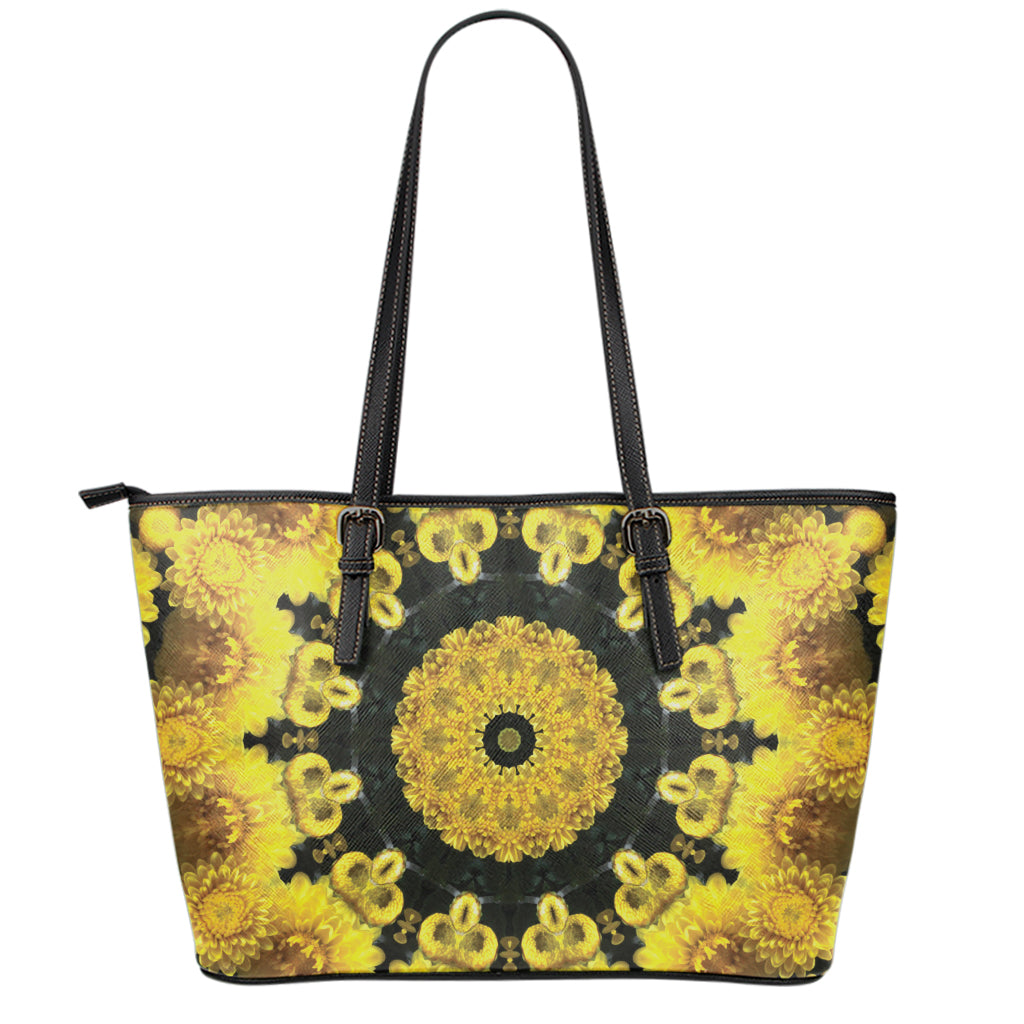 Yellow Flower Kaleidoscope Print Leather Tote Bag
