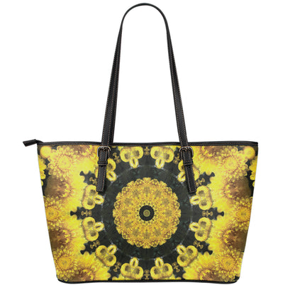 Yellow Flower Kaleidoscope Print Leather Tote Bag