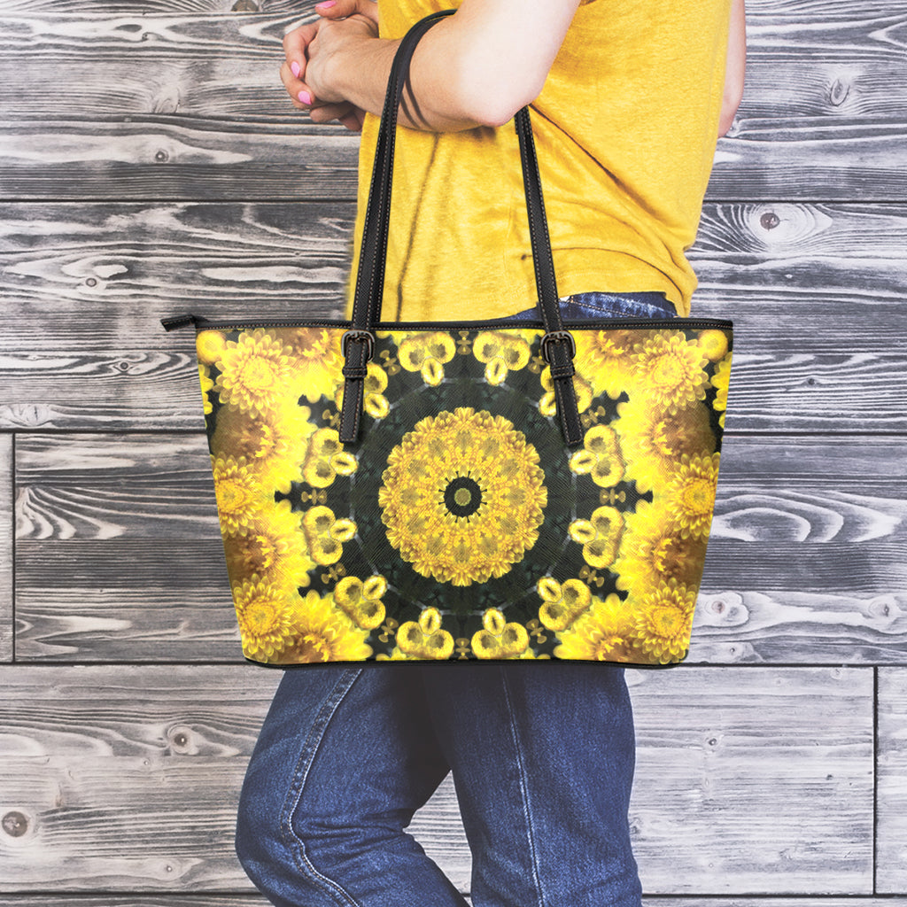 Yellow Flower Kaleidoscope Print Leather Tote Bag
