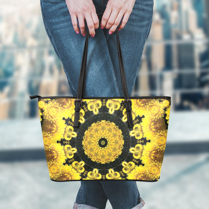 Yellow Flower Kaleidoscope Print Leather Tote Bag