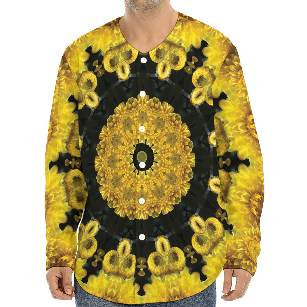 Yellow Flower Kaleidoscope Print Long Sleeve Baseball Jersey