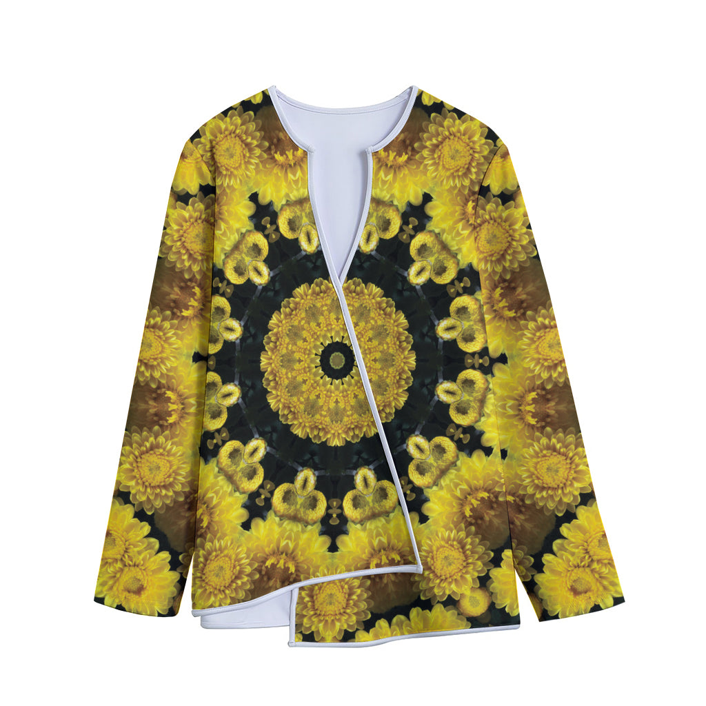 Yellow Flower Kaleidoscope Print Long Sleeve Short Coat