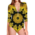 Yellow Flower Kaleidoscope Print Long Sleeve Swimsuit
