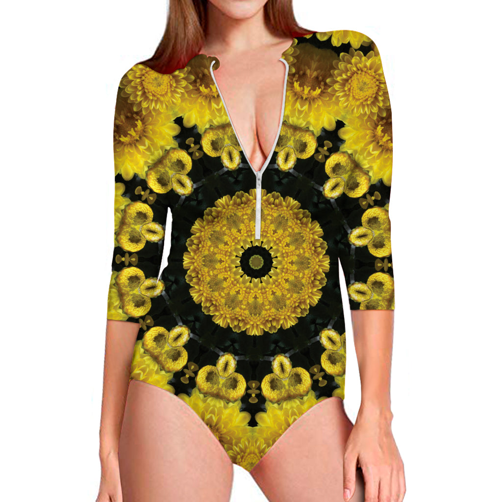 Yellow Flower Kaleidoscope Print Long Sleeve Swimsuit